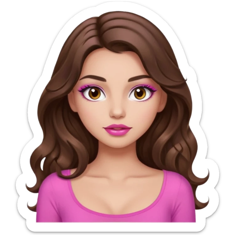 girl with long wavy brown hair, brown eyes, long lashes makeup, sexy pink lips, light to medium complexion, wearing a pink sexy top sticker