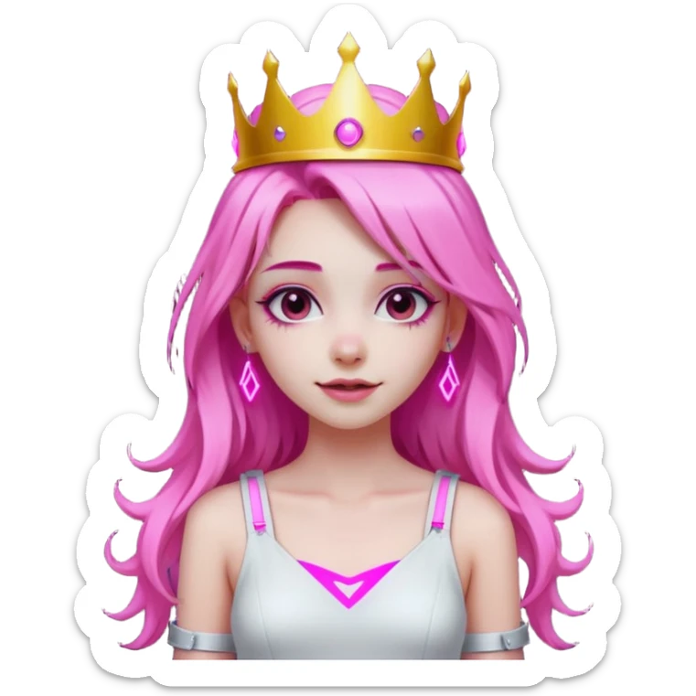 girl neon cyberpunk light pink happy long hair crown white and pink sticker