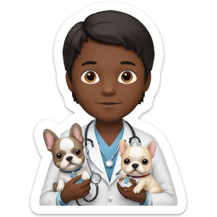 joven médico con el pelo un poco largo pero no tanto y lacio, que tenga un estetoscopio de color de piel tez negra calida !!! que sostiene un bulldog francés blanco sticker