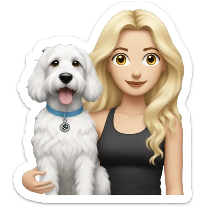 white woman with long blonde hair and cat shaped eyes wearing a yoga outfit standing alongside a black and white colored bernadoodle dog sticker
