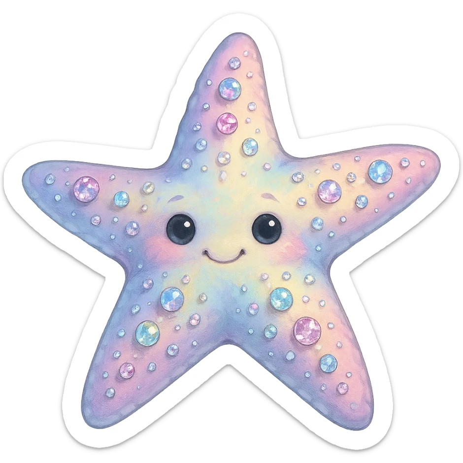 semi-realistic sea star, rainbow pastel colors, bedazzled with gems, soft shading, gentle cute expression, no background sticker