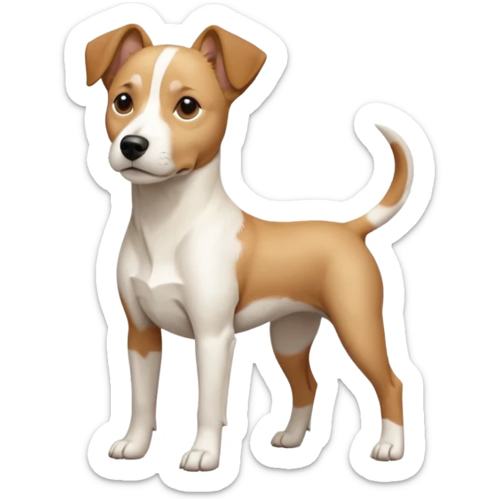 a full body facing front on of a buff white beagle cross jack russell terrier looking dog the size of a kelpie with light brown long ears resting on its face and a light brown patch above one eye and a large snout. the rest of the dog is completely white.  sticker