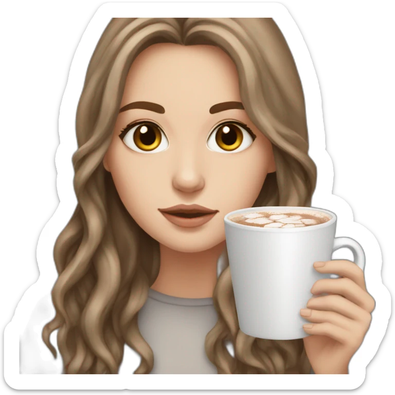white girl with grey eyes brown long hair and a hot chocolate sticker