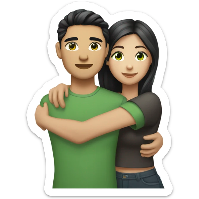 Light skin Asian male with undercut straight black hair and white female with green eyes and long brown wavy hair tightly hugging each other  sticker