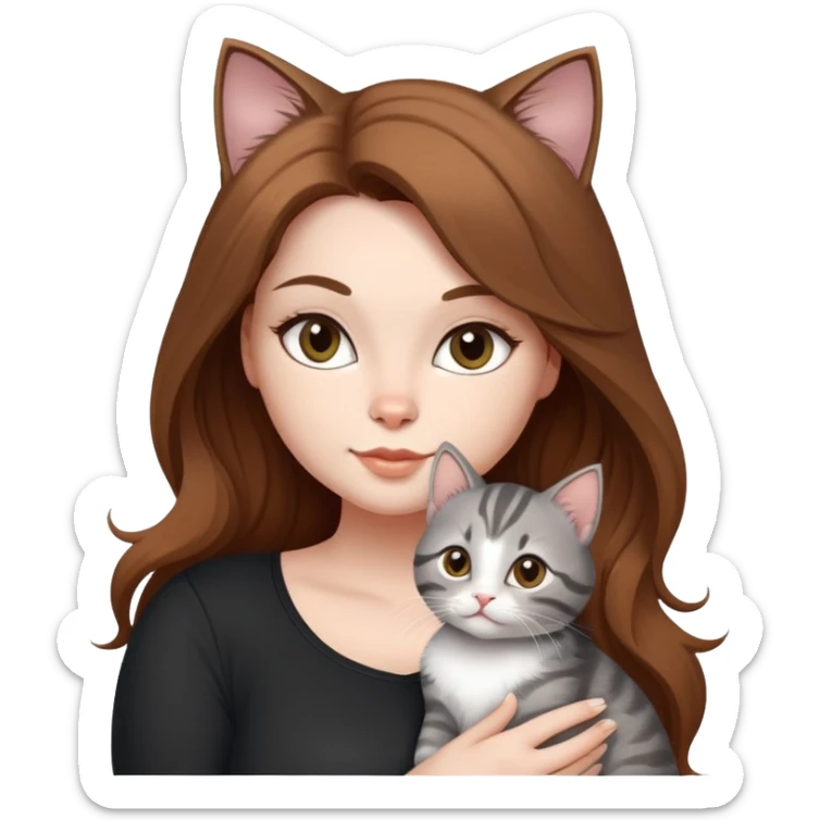 Hot curvy woman, long hair, with super cute kitten, she is white with brown hair, black top, the cat is a grey tabby sticker