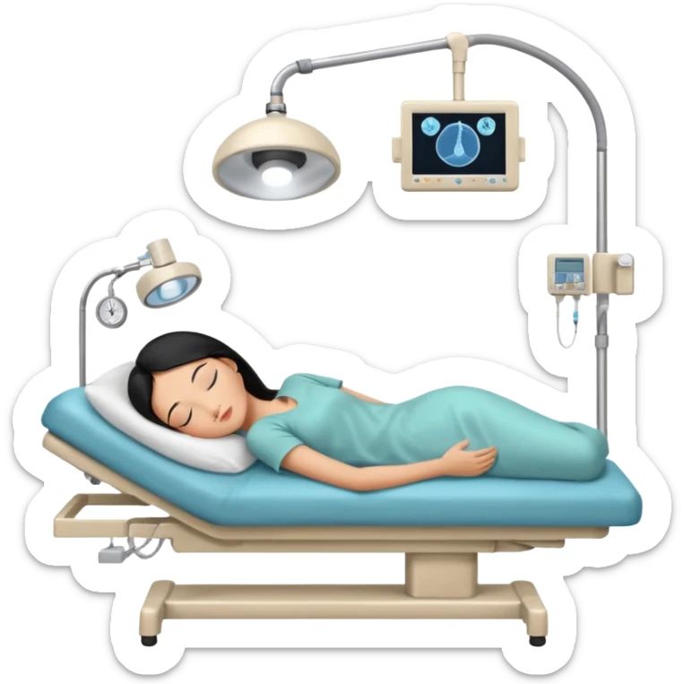 A female patient with black hair lying on an examination bed, head on a pillow and eyes closed, shown in a wide, full-body view in a clean colonoscopy procedure room. No medical staff visible. sticker
