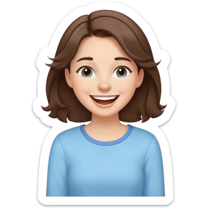 brunette girl with brown hair wearing pastel blue clothes laughing joyfully sticker