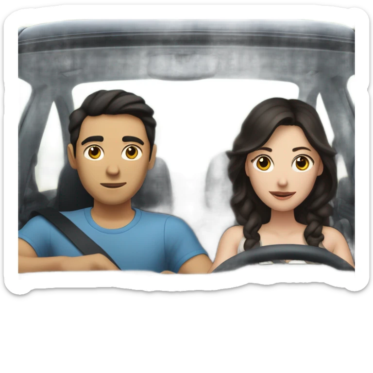 A pale half Asian man with short dark hair and white woman with long wavy brunette hair driving together sticker