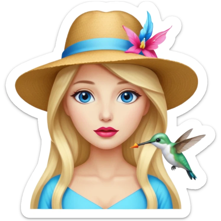 bust woman long blonde hair blue eyes white skin with hummingbird hat and nectar glow lips sticker