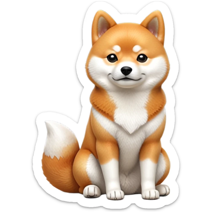 cinematic-[shiba inu]-realistic-full-body-sitting-emoji,-tail-resting-loosely-beside-its-paws,-head-tilted-dramatically, -fluffy-[orange white]-fur,-simplified-yet-realistic-focused-features,-highly-detailed,-glowing-with-an-almost-sarcastic-glow sticker