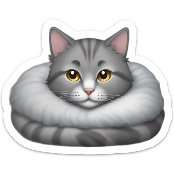 A fluffy gray cat curled up in the center of the bed The cat's eyes are closed and it is sleeping peacefully The cat's fur is soft and luxurious sticker