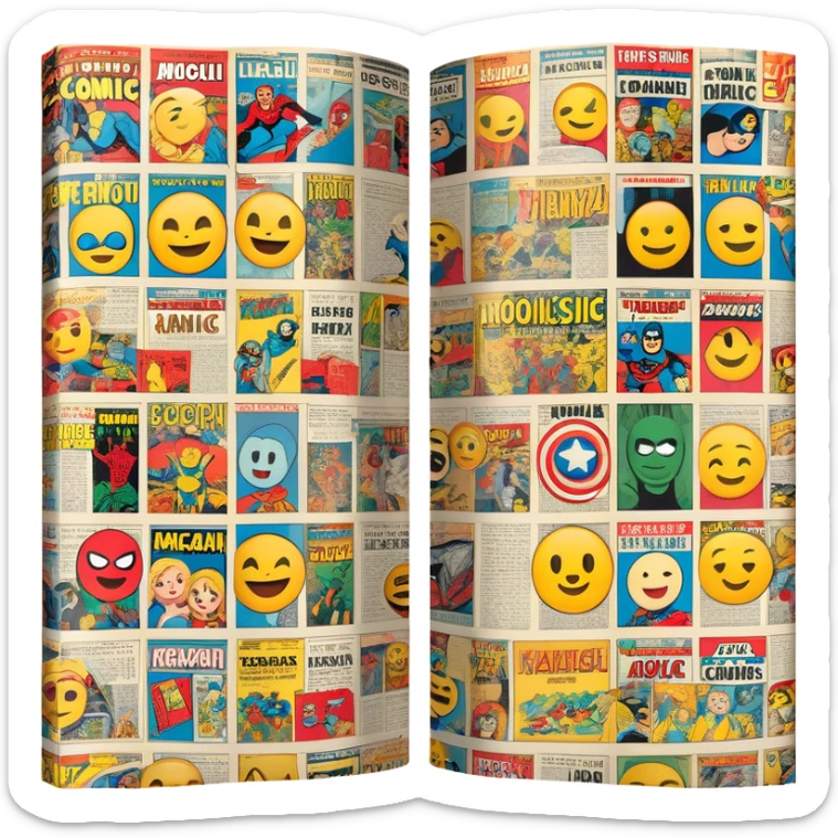 detailed and vintage-inspired emoji representing comic magazines and graphic novels as a storytelling art form. a large, open comic magazine with pages filled with classic American comic book panels. classic feel of old-school comic books a graphic novel. background transparent. No smiles! sticker