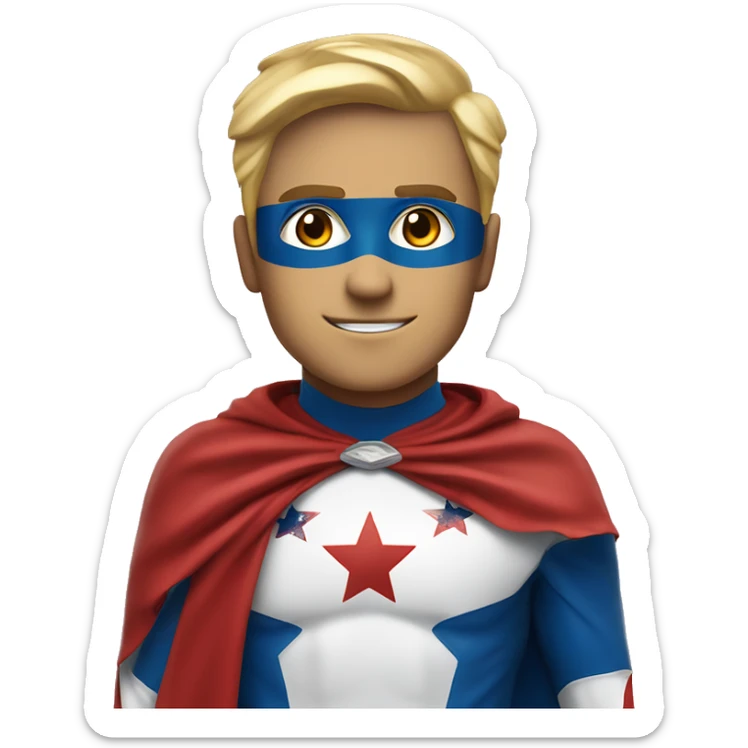 Emoji of Homelander from ‘The Boys’ series. USA flag-inspired costume with cape (red, blue, white). Confident, slightly menacing expression. sticker
