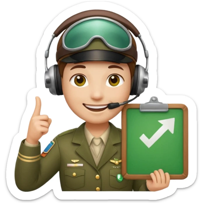 Slack-style emoji of a pilot wearing holding a green board with a white check mark sticker