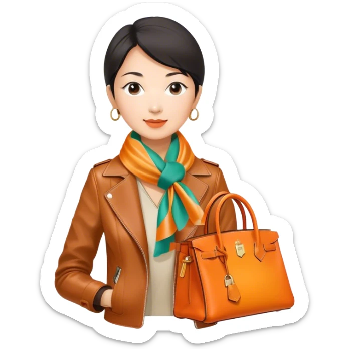 Mature asian woman wearing a leather Hermes jacket and a multicolored silk scarf around her neck. She has an orange Hermes Birkin Bag. I want the image to be close up, starting from the waist up.  sticker