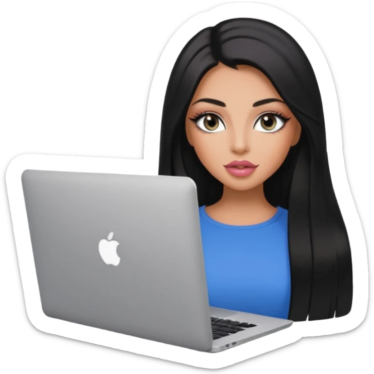 Glamours, tanned, very beautiful girl, with big pump peach-beige-rose lips, eyeliner, long long lashes, black straight smooth silky long hair, straight parting hair, blue-grey eyes with macbook sticker