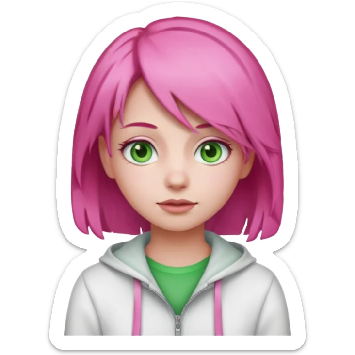 A girl emoji with pink hair, wearing white and pink clothes, with green eyes sticker