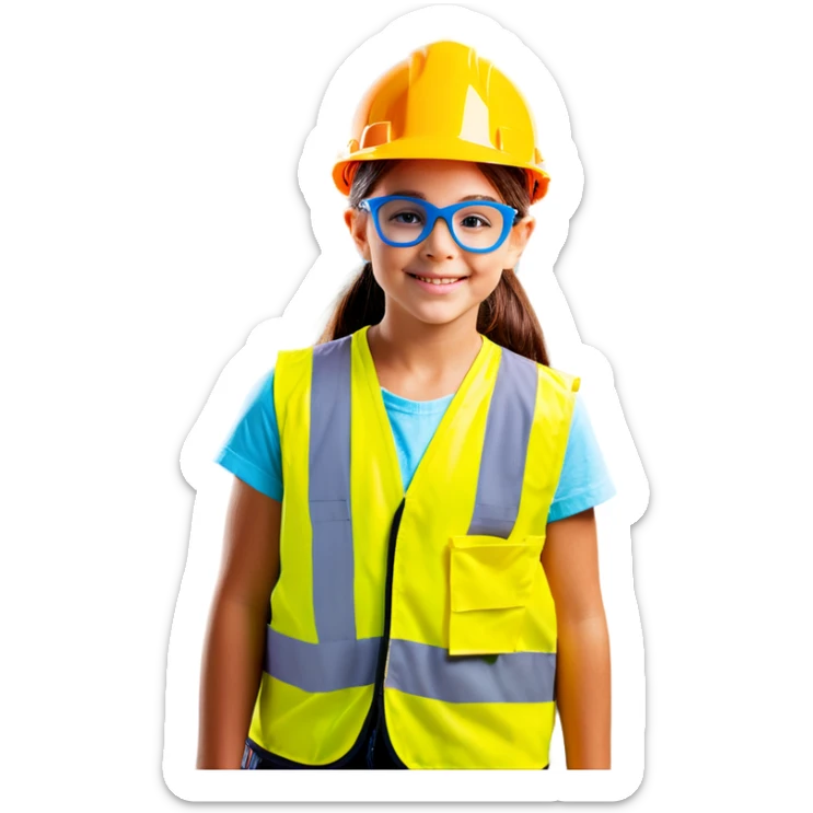 Girl with vest and safety glasses and hard hat sticker