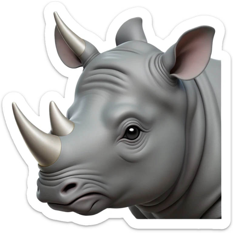 cinematic-noble--rhinoceros-portrait-emoji,slate-grey-hide--poised-and-regal,-with-a-massive,-powerful-build-and-a-thick, -deep-set-soulful-piercing-eyes,-simplified-yet-sharp-and-sophisticated-features,-highly-detailed,-large-black-eyes, zoomed out showing shoulders, large white horn  sticker