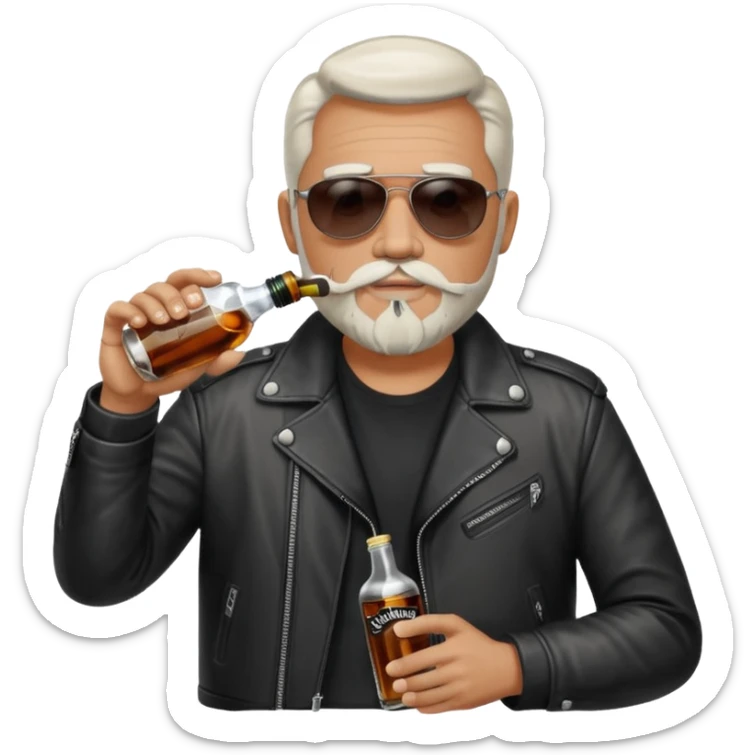 Un motero de perilla blanca tipo Quijote, gafas oscuras chupa de cuero y bebiendo de una botella de Jack Daniel's. sticker