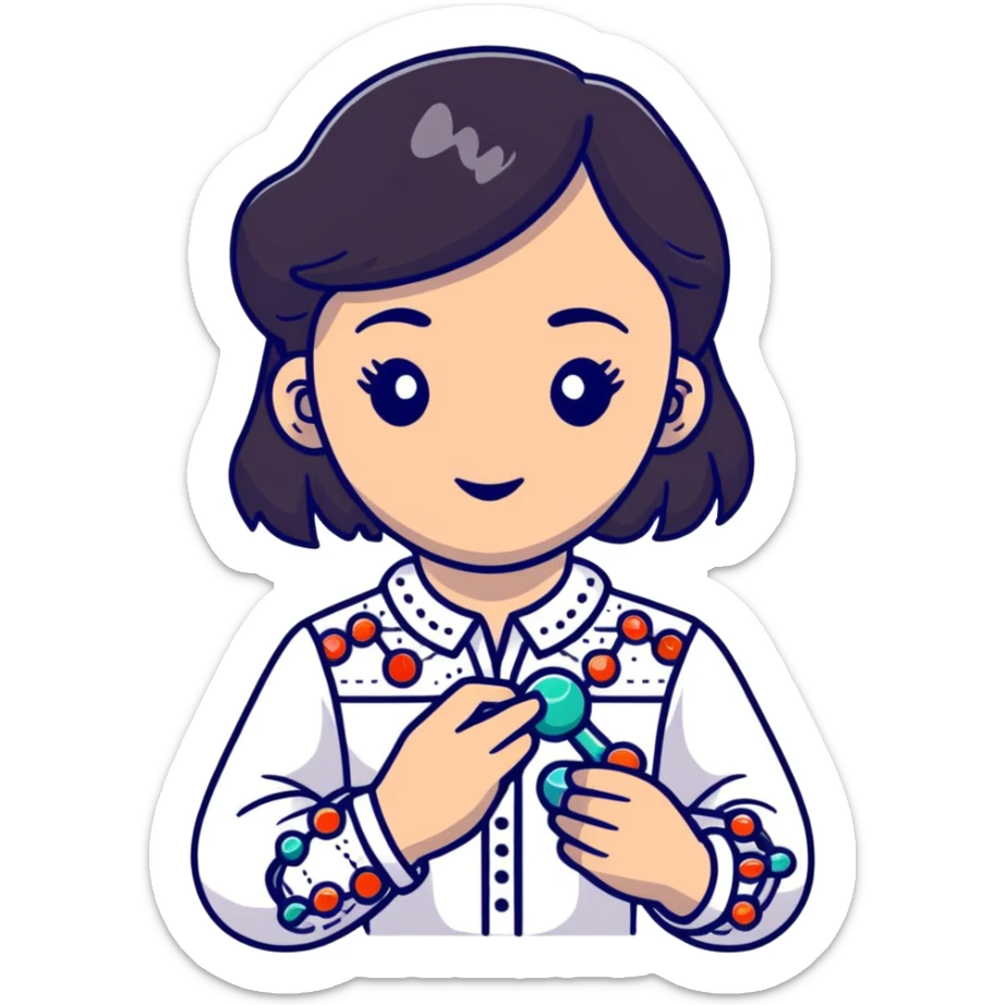 Ukrainian girl with dark hair in an embroidered traditional shirt holds a DNA molecule in her hand sticker
