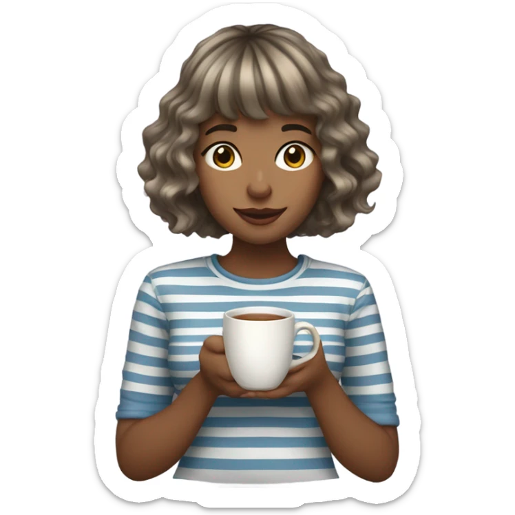 Girl in her 20's, bangs, wavy hair, ash colored hair, a striped shirt drinking tea sticker