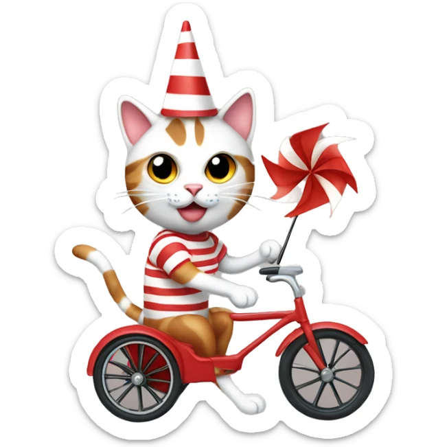 Silly cat with a pinwheel hat, red and white striped shirt, and a tricycle sticker