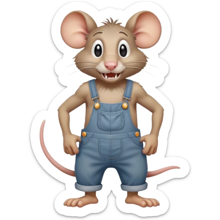 frowning disheveled dizzy cartoon hillbilly rat wearing overalls no shirt. standing and talking full body. human eyes. teeth showing talking. walking talking moving arms. reacting upset sticker