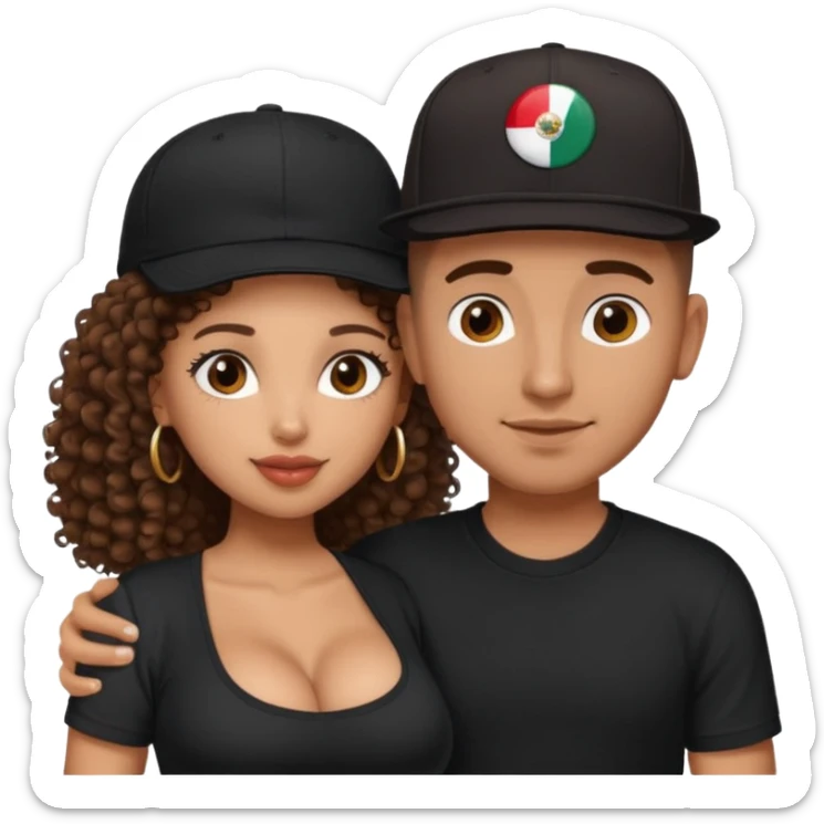 A picture of a tanned couple embracing. the guy is Mexican, with a bald hair cut and he has a SnapBack hat on. The girl is mixed, the girl is wearing a black shirt, the girl has brown curly big hair and the girl has big boobs  sticker