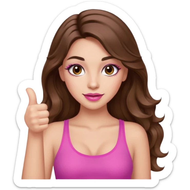 girl with long wavy brown hair, brown eyes, long lashes makeup, sexy pink lips, light to medium complexion, wearing a pink sexy top, thumbs up sticker