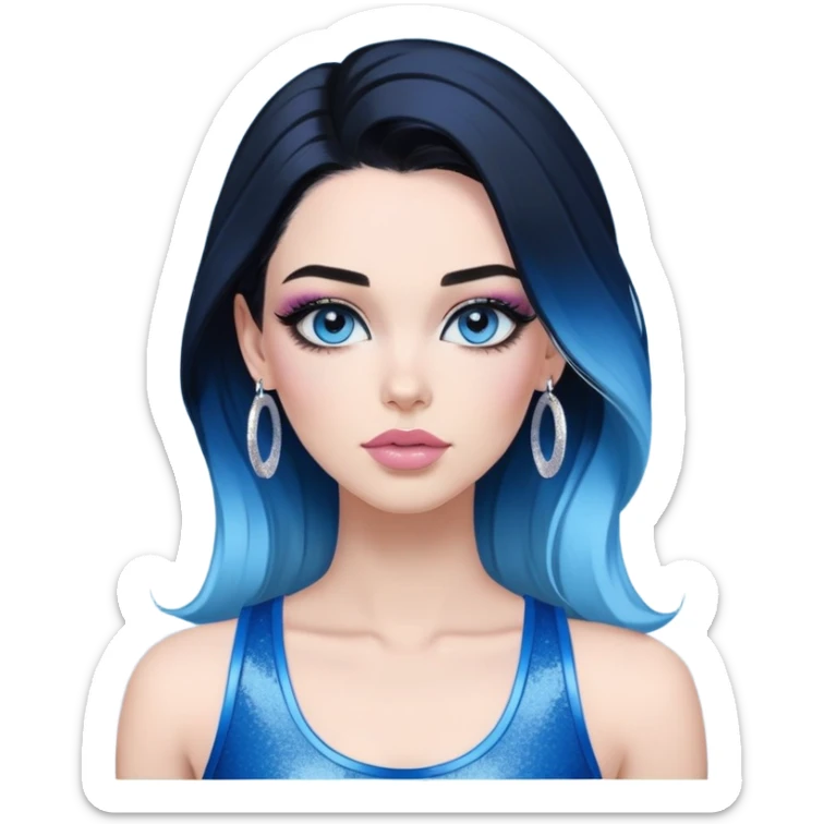 Head-to-waist-Sultry-very-beautiful-face-light-pink-lips-long-straight-dark-blue-ombre-hair-and-blue-eyes-thick-black-eyeliner-thick-long-eyelashes-sky-blue-superman-tank-top-with-glitter-and-silver-hoop-earrinngs sticker