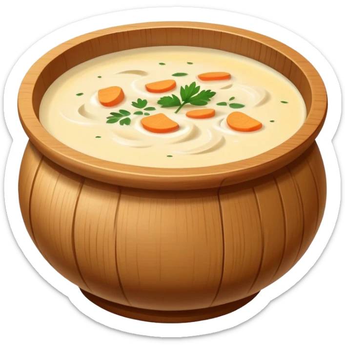Pot of creamy soup in a wooden bowl￼ sticker