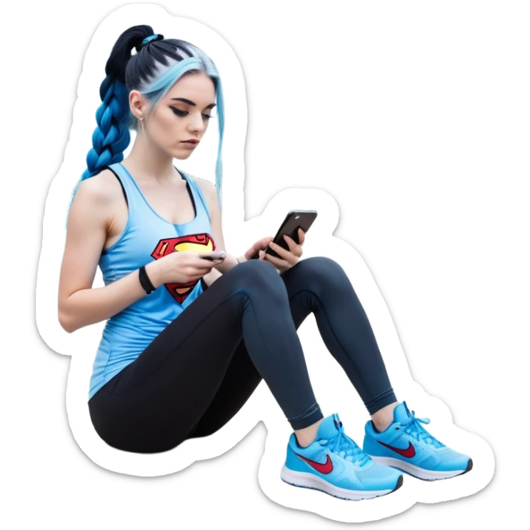 Shameful and disappointed-Female-very very very larger chest-texting on a samsung cell phone-very long straight braided black to sky blue hair ombre-blue eyes-black eyeliner-long eyelashes-iridescent sky blue very low cut tank top with superman logo-black leggings-nike hightop sneakers sticker