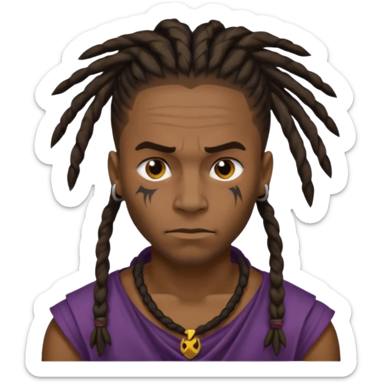 
1 black man, fierce face, scar on face, dreadlock hair tied back emoji
 sticker