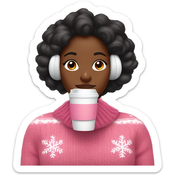 A black girl with a silk press holding coffee and wearing pink AirPods Max and wearing a Christmas jumper sticker