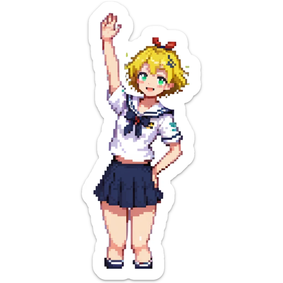 Pixel art anime girl with short bright yellow hair wearing Japanese sailor style school uniform, composed posture with hand on hip but energetically waving with other hand, excited smile and happy eyes sticker