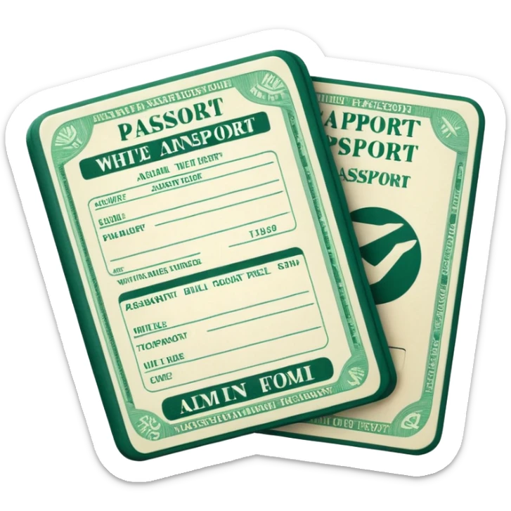 white passport with visible airline tickets, dark green stamps and stripes on tickets, emoji style sticker