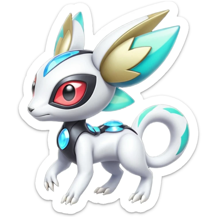 Shiny Colorful Futuristic Cyber-Vernid-Trico-Meloetta-Latias-Koraidon-Peppercat-Protogen-Pokémon-Digimon-Fakémon-fusion-hybrid-creature sticker