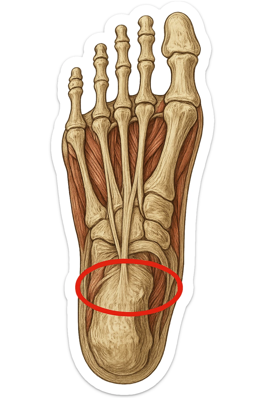 spazio dall'avampiede al tallone umano sottolineato in rosso, fai l'arto umano anatomico realistico con evidenza su quel tratto sticker