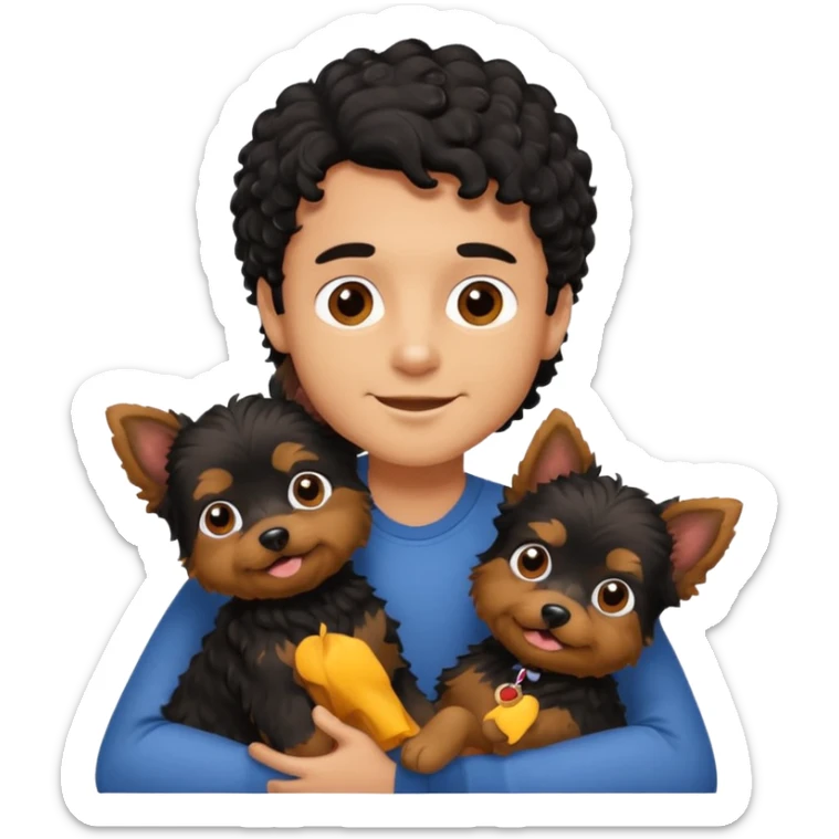 Young man with little brown skin, black curly hair, cheerful dark brown eyes, hugging two Yorkie dogs long hair sticker