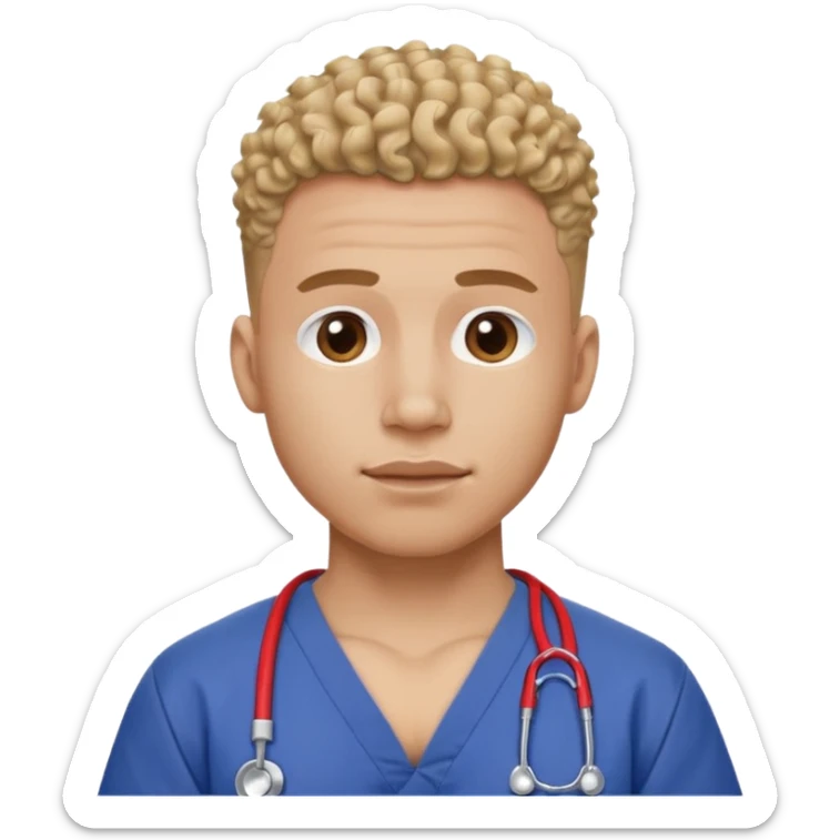 Ripped, athletic man with thick neck, high top fade with no part, curly hair only top only, no shirt and show waistline up add scrubs sticker