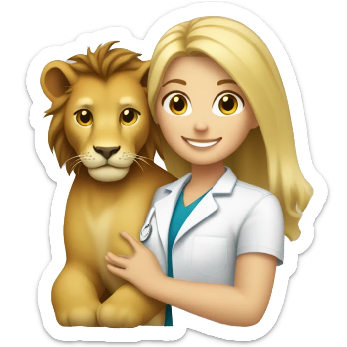 blonde hair smiling veterinarian girl cuddling a lion sticker