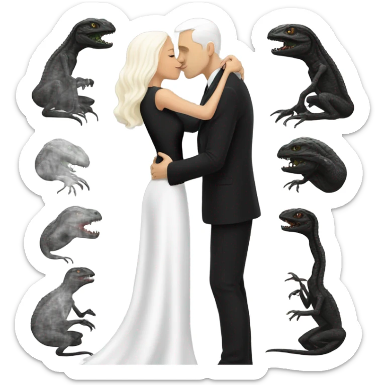 White man in black dress hugs and kissing Alien reptilian woman in white dress  sticker