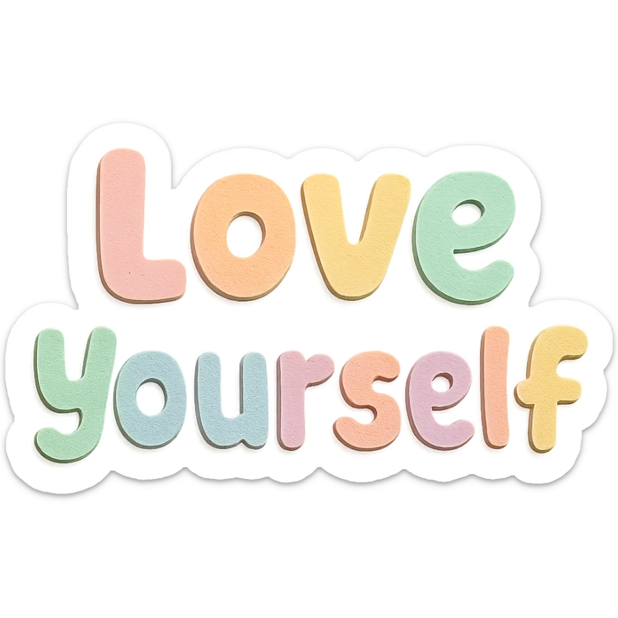 "Love Yourself" in soft pastel rainbow chubby font, cute kawaii hand lettering, no frame, transparent background sticker