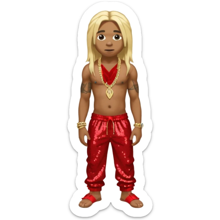 Lil Wayne with long blonde hair, red sequin baggy pants, shirtless with necklace sticker