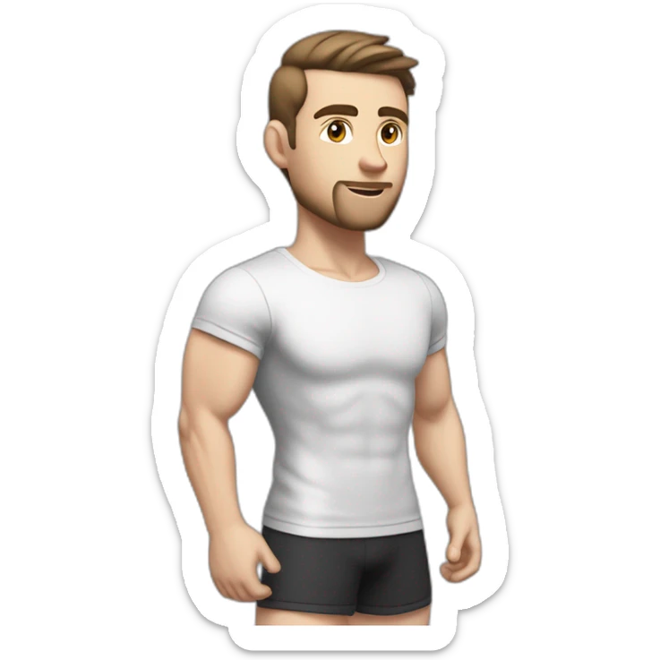 Pale skinned Fit Man With the biceps and dark brown hair in black shirt, gray sports shorts and white Sneakers His right hand touches his back of the head sticker