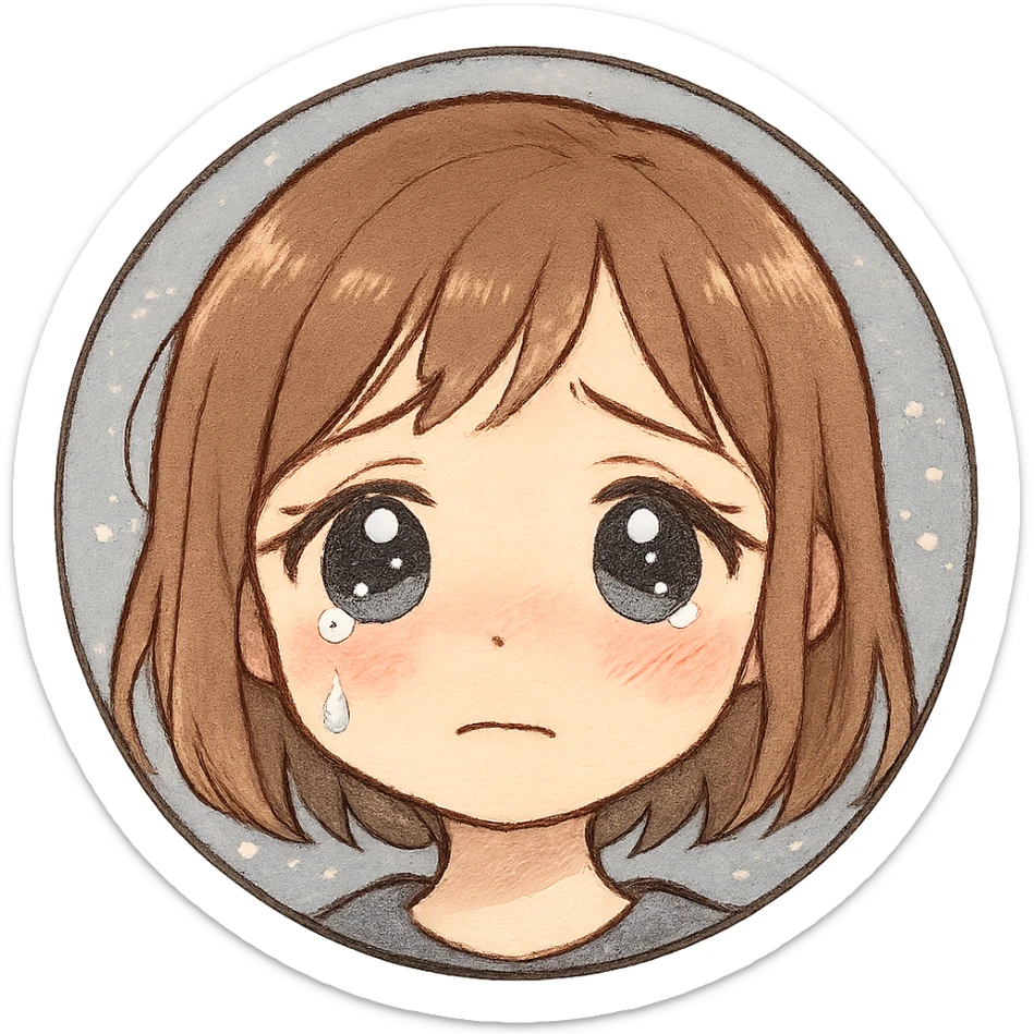 sad anime-style girl emoji, glossy teary eyes, one tear, blushing cheeks, pastel blue-gray sparkly background, soft, emotional, sensitive style sticker