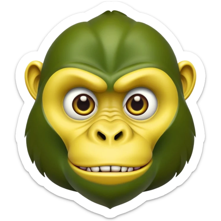 A cartoon banana with a forest green gorilla face, big nostrils and menacing expression sticker
