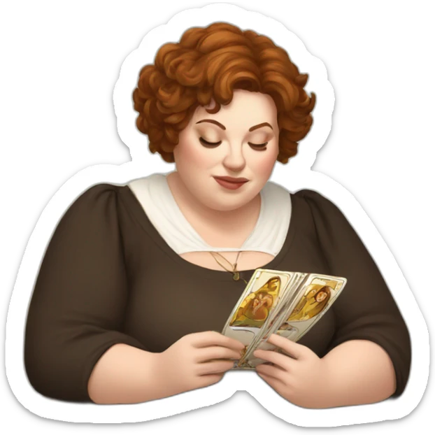 White big Woman, brown eyes, with short brown messy hair reading tarot card on a table sticker