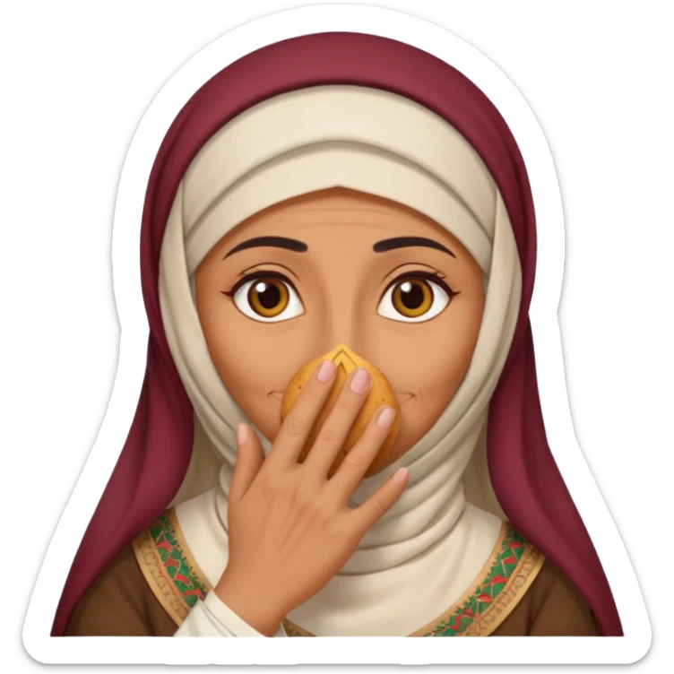 an old emirati women wearing traditional cloths covers her face with burg'a sticker